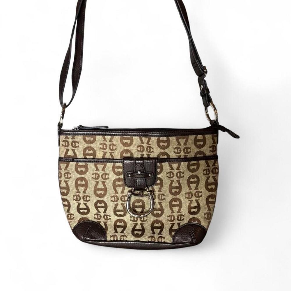 Etienne Aigner Canvas Monogram Crossbody Bag Brown Leather Strap Horseshoe